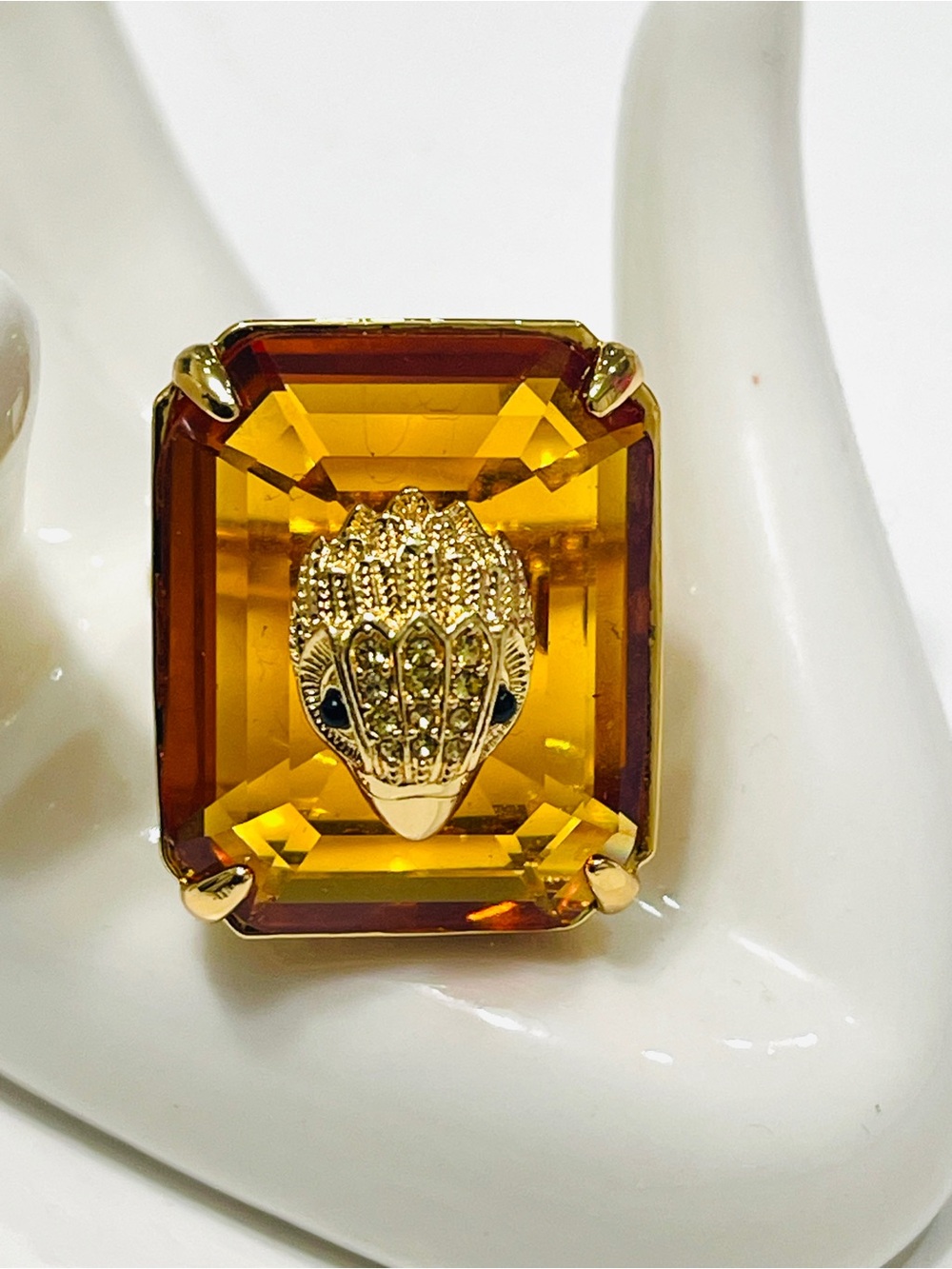 Kurt Geiger Gold-Tone Amber Octagon Statement Ring- size 8
